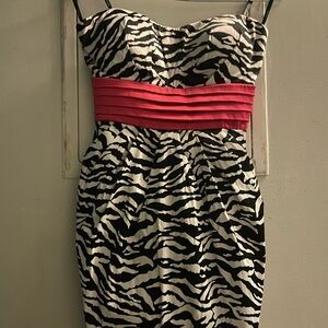 Elegant Zebra Print Strapless Dress with Red Detail
